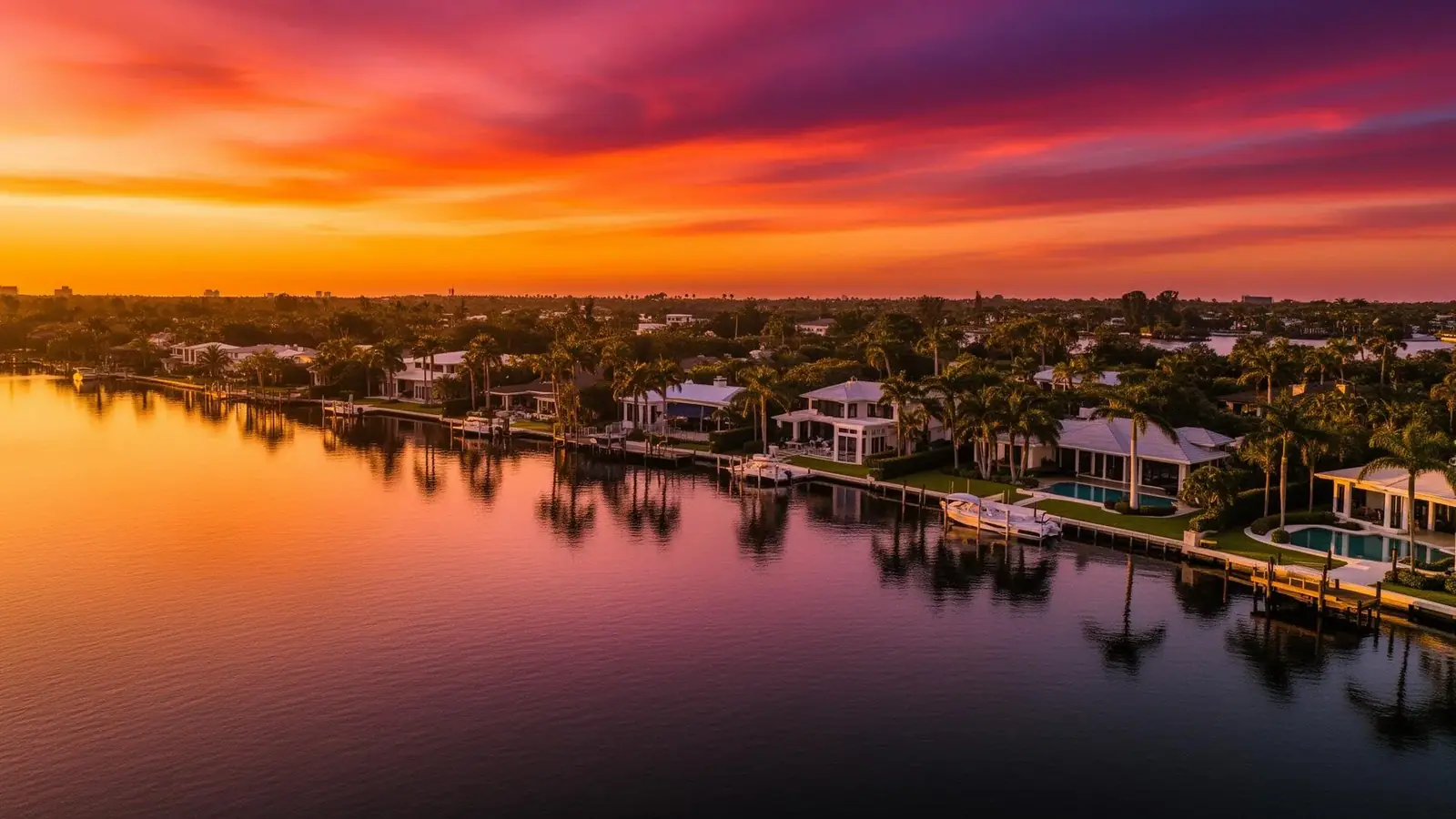 Aerial view of Sarasota Gulf Coast waterfront at sunset